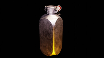 A metal jug with a yellow stripe on it