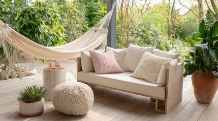 Obraz premium daylight terrace with soft fabric hammock and low beige sofa, knitted pillows, wooden floor, potted plants, view of garden