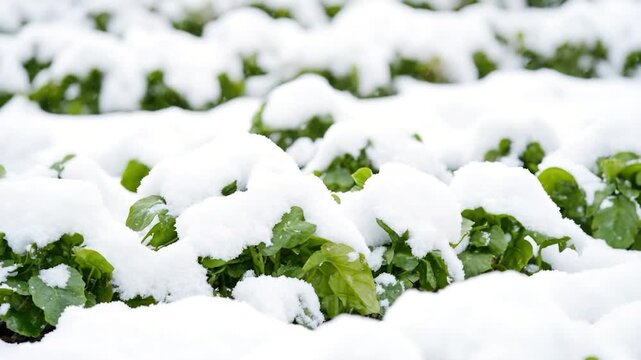 Video Winter landscape with green plants buried under snow, ideal for cold weather or Christmas themes