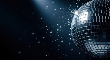 Obraz premium Shining disco ball reflecting light and sparkles in dark setting 