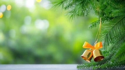 Festive Bells in Nature: Gold bells, adorned with a silk bow, gently sway among the verdant branches of a christmas tree. The scene exudes an air of festive joy and tranquility.