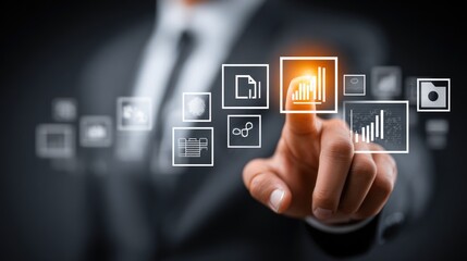 Businessman Interacting with Digital Data Icons and Virtual Interface