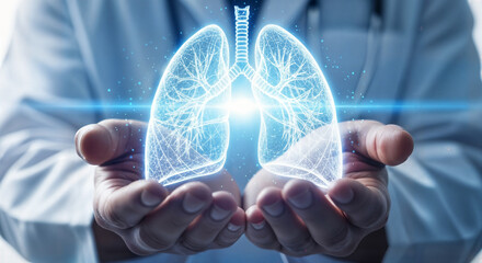 Doctor holding a glowing digital representation of human lungs, symbolizing health and medical innovation