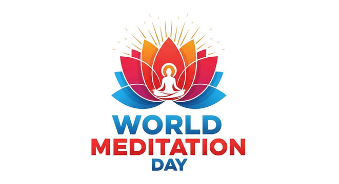 Vibrant lotus flower with meditating figure and world meditation day text