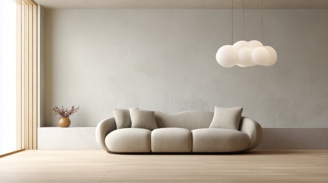 modern soft brutalism living room full view, cloud shaped light sand cotton sofa, pale microcement wall with protruding segment, clean oak floor