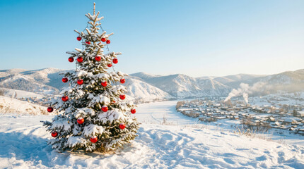 Snow covered Christmas tree with red ornaments in a bright winter landscape, creating a festive holiday background for greeting cards and banner
