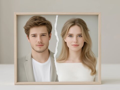 Portrait of a young couple, divided by a torn photograph, symbolizing divorce and separation, with neutral background emphasizing emotional impact and relationship dynamics
