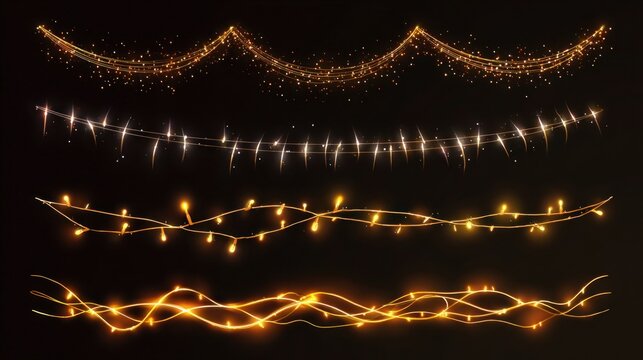 Christmas lights isolated realistic design elements, glowing garlands for holiday greeting card design, LED neon lamps