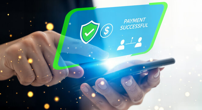 Secure online payment successful on smartphone with holographic display concept