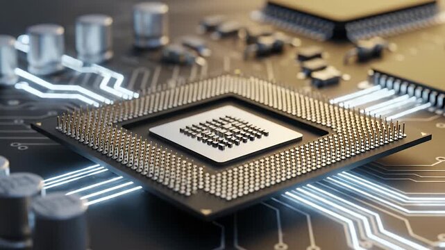 An intricate close-up shot of a sophisticated microchip resting on a circuit board, illuminated by vibrant, glowing data pathways. This visually striking representation of modern electronics highlight