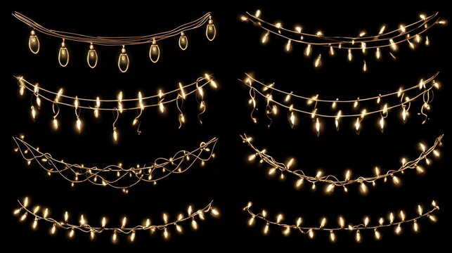 Christmas lights isolated realistic design elements, glowing garlands for holiday greeting card design, LED neon lamps