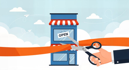 Hand cutting red ribbon in front of a new store with an open sign, symbolizing grand opening