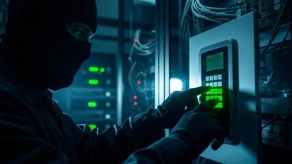 Man hacker in balaclava breaking into server control panel, illegal access to data center, cybercrime and information theft concept.