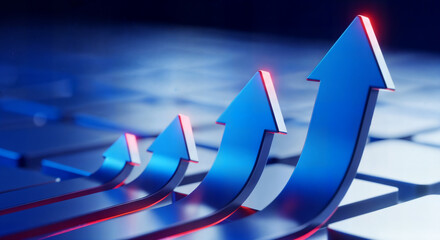 Blue arrows rising upwards on a dark background, symbolizing business growth and success