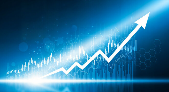 Financial stock market chart with an upward arrow showing business growth and success