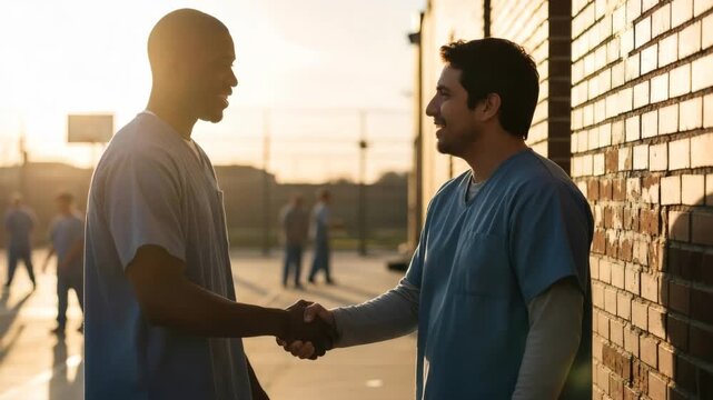 Two men shaking hands in prison yard during daytime. Concept of rehabilitation and social reintegration for incarcerated people.