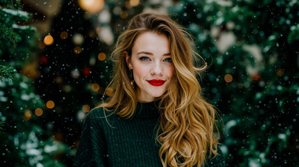 A woman with long blonde hair and red lipstick wearing a green sweater smiling and looking to the side with a blurred background of lights and trees