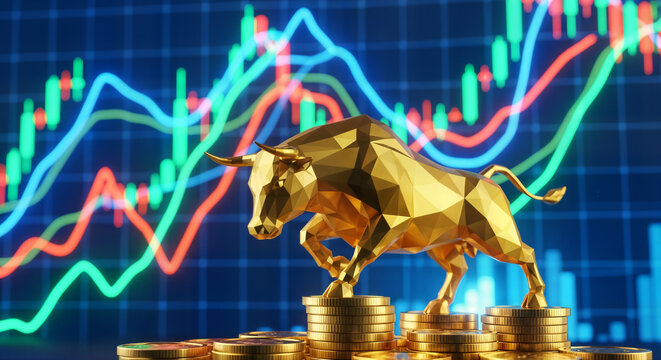 Golden polygonal bull on coins with stock market graph, symbolizing financial growth - Powered by Adobe
