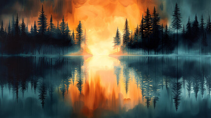  Sunset Reflection Over Calm Lake in Dense Forest