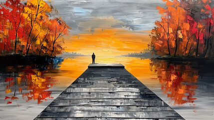  Serene Sunset over Autumn Lake with Dock and Figure