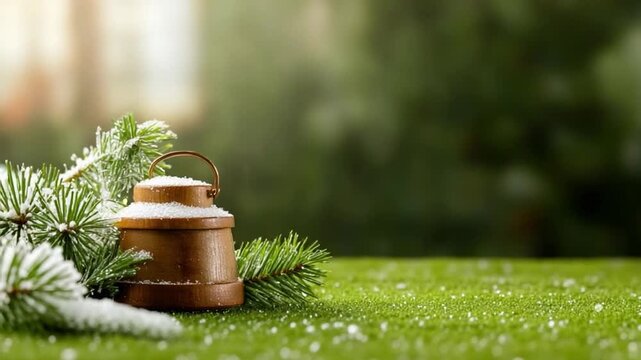 Winter's Rustic Charm: A quaint, snow-dusted, vintage milk jug finds a peaceful respite on a snow-covered wooden table, nestled among evergreen sprigs.