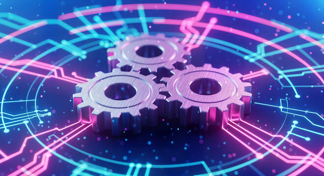 Three metallic gears on a vibrant, glowing futuristic circuit board representing technology and innovation