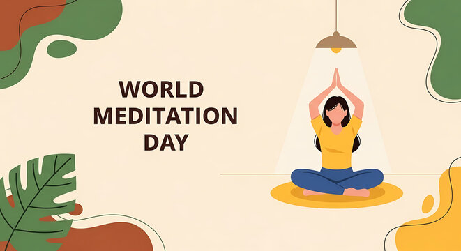 Woman meditating peacefully in lotus pose under a lamp celebrating world meditation day - Powered by Adobe