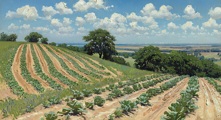 Cultivated Hillside Farmland with Crop Rows