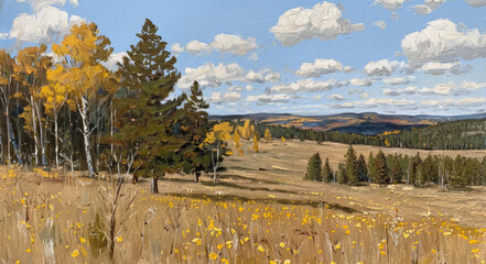 Autumn Meadow with Aspen Trees and Hills