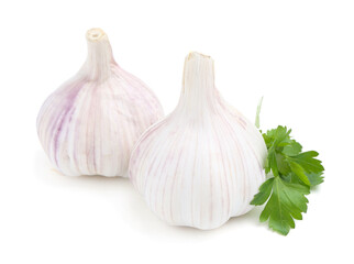 Fresh garlic and parsley isolated on white