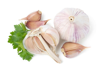 Fresh garlic and parsley isolated on white, top view