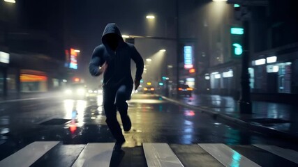 Man in hoodie running on wet city street at night, escaping from a crime scene. Pursuit, criminal activity, and urban evasion footage.