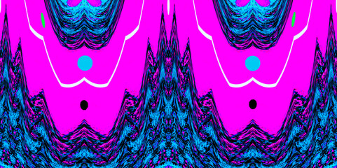 A vibrant pink canvas bursts with bold, symmetrical patterns, where intricate blue shapes weave through curved lines and dotted accents.