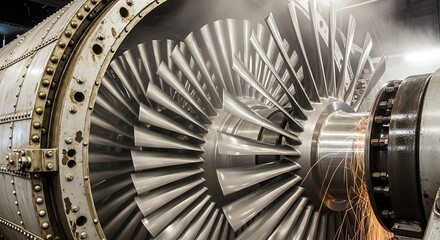 Closeup of a steam turbine rotor undergoing maintenance, showcasing the intricate blade design and engineering precision in power generation