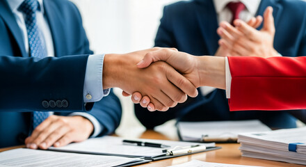 Business people shaking hands at a meeting, representing agreement, partnership, and success