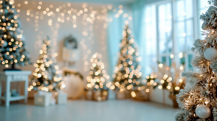 A room decorated with multiple Christmas trees and lights