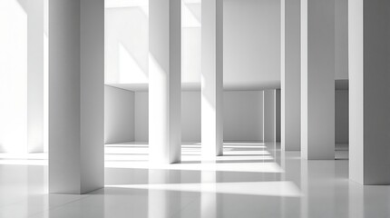 Minimalist white hall interior with columns and light beams
