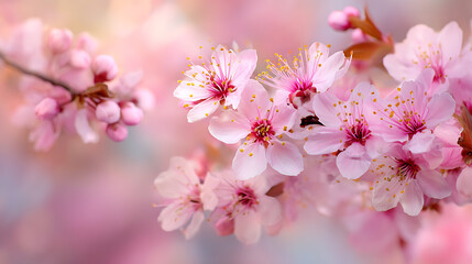 Close up of pink sakura flower blossoms with soft background
