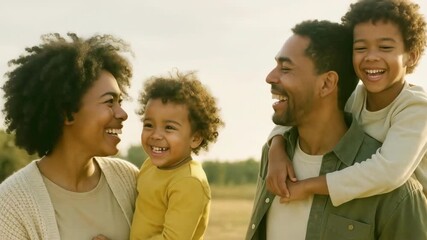 Warm family moment captured in a video still. Smiling parents and children outdoors, close-up angle, showcasing joy and togetherness in natural light.