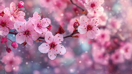 Close up of pink sakura flower blossoms with soft background