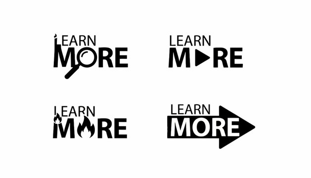 Dynamic 'Learn More' call to action icon set featuring symbols for discovery, engagement, progress, and knowledge on digital platforms