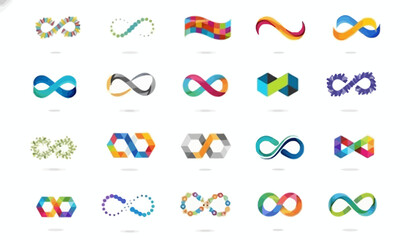 Diverse collection of colorful infinity symbol designs illustrating concepts of eternity, limitless possibilities, and endless loops