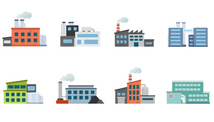 Set of flat design industrial factory buildings. Diverse manufacturing plants, production facilities, and energy stations with chimneys, representing modern industry
