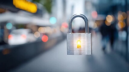 Secure Cityscape: A gleaming padlock hovers against the blurred backdrop of a bustling city street, a symbol of urban security and digital protection. - Powered by Adobe