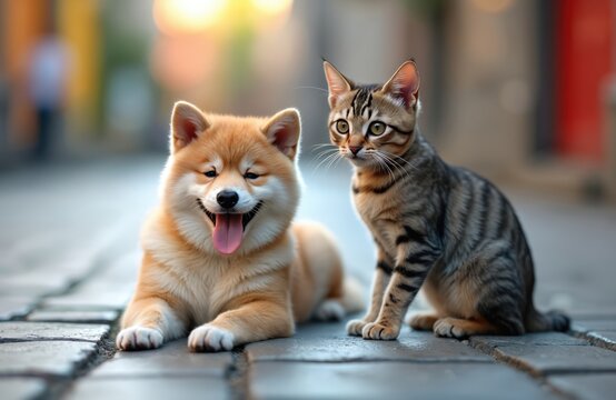 Adorable Shiba Inu puppy, tabby kitten friends together on city street. Happy dog smiles with tongue out next to curious cat. Little pets pose outdoors on cobblestone pavement, showing cute, unlikely