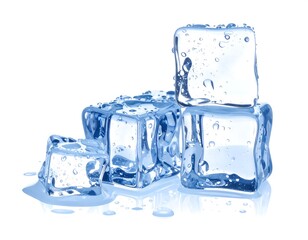 Crystal clear ice cubes reflecting light on white background creating a refreshing effect