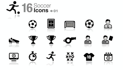 Monochrome vector icon set for soccer and football, featuring essential game elements like the ball, field, player, and trophy symbols