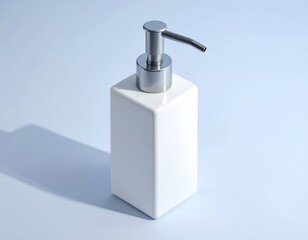 Elegant White Soap Dispenser with Chrome Pump on Soft Blue Background for Bathroom
