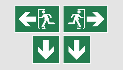 Set of universal green and white emergency exit signs, clearly indicating escape routes and safety directions for navigation in buildings and public spaces during critical situations