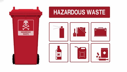 Vector illustration set of hazardous waste icons featuring a red disposal bin for chemical, toxic, and flammable materials